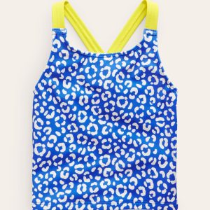 Cross Back Tankini Top-Blue Leopard
