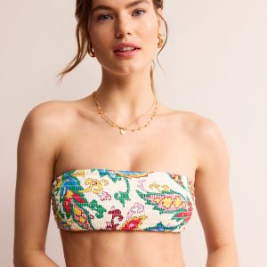 Milos Smocked Bikini Top-Ivory. Paisley Azure