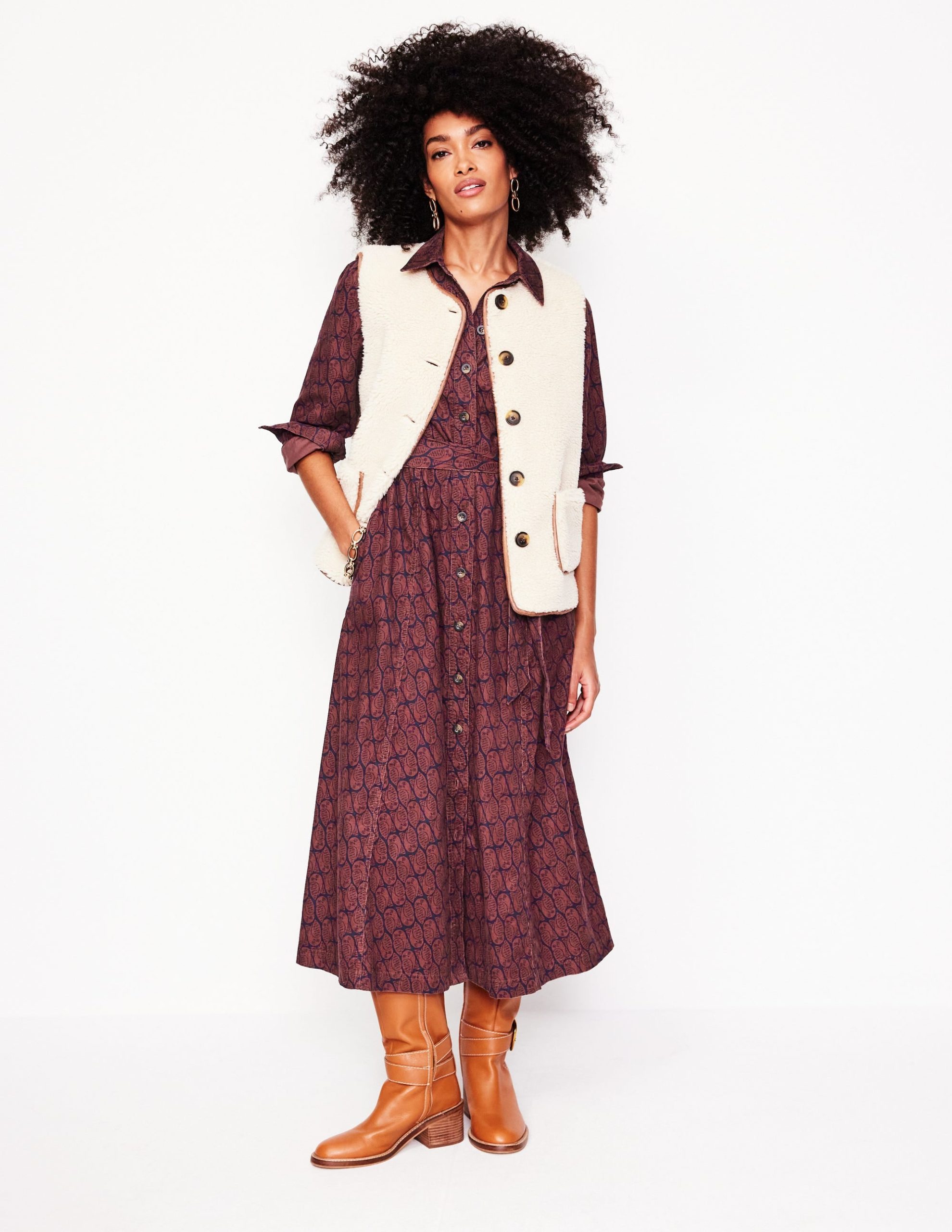 Aubrey Cord Midi Shirt Dress-Chestnut. Owl Stamp