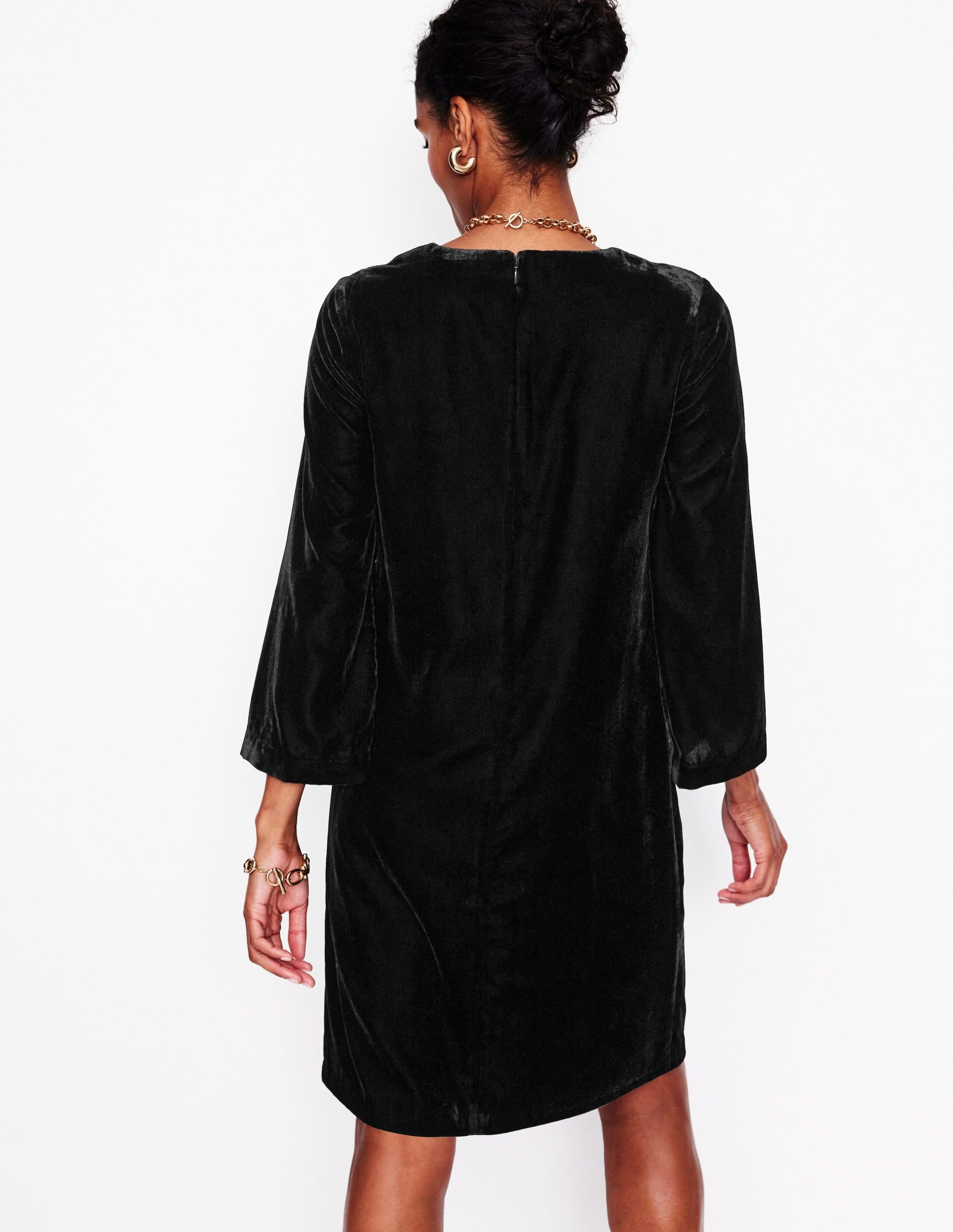 Long Sleeve Velvet Shift Dress-Black - Image 3