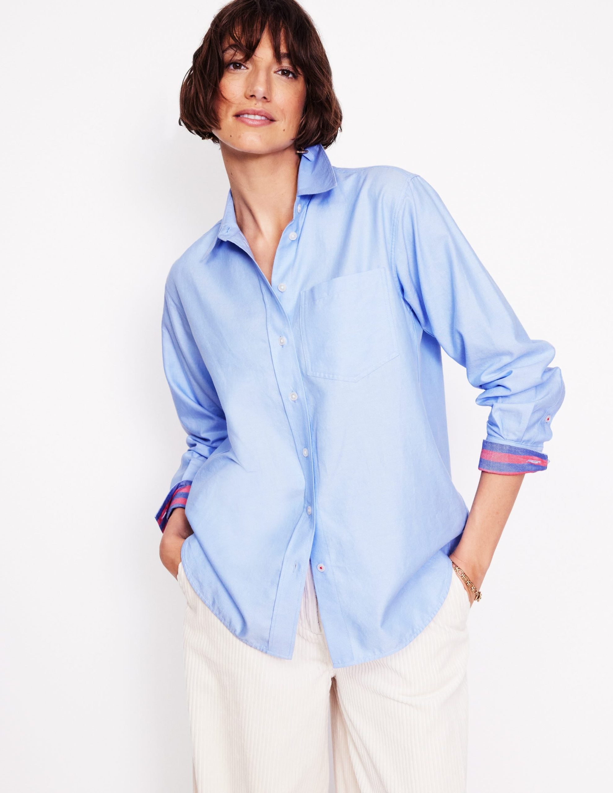Connie Relaxed Cotton Shirt-Blue Oxford. Placement Stripe