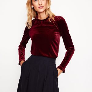 Velvet Frill Neck Top-Cabernet