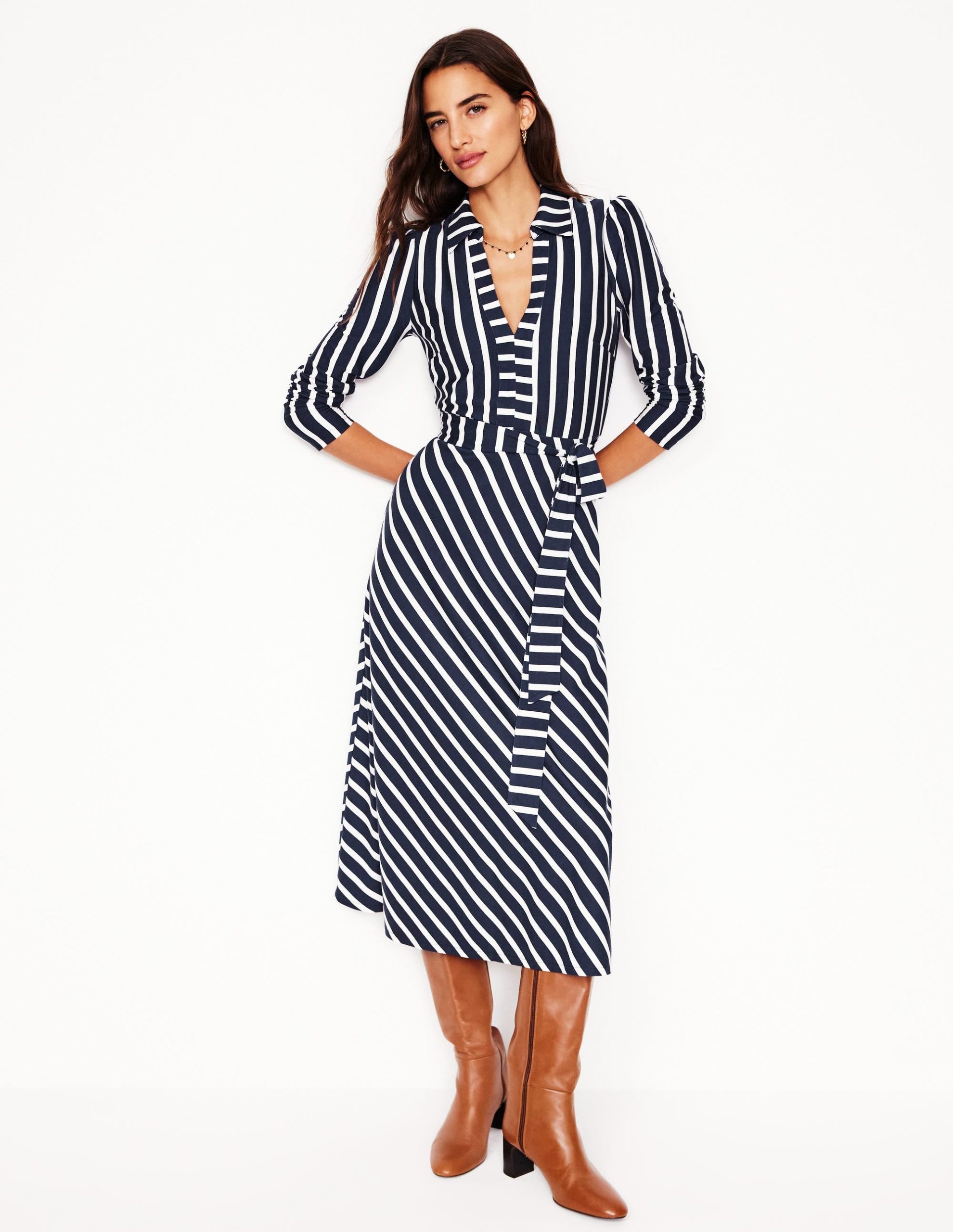 Imogen Collared Jersey Dress-French Navy and Ivory Stripe - Image 4