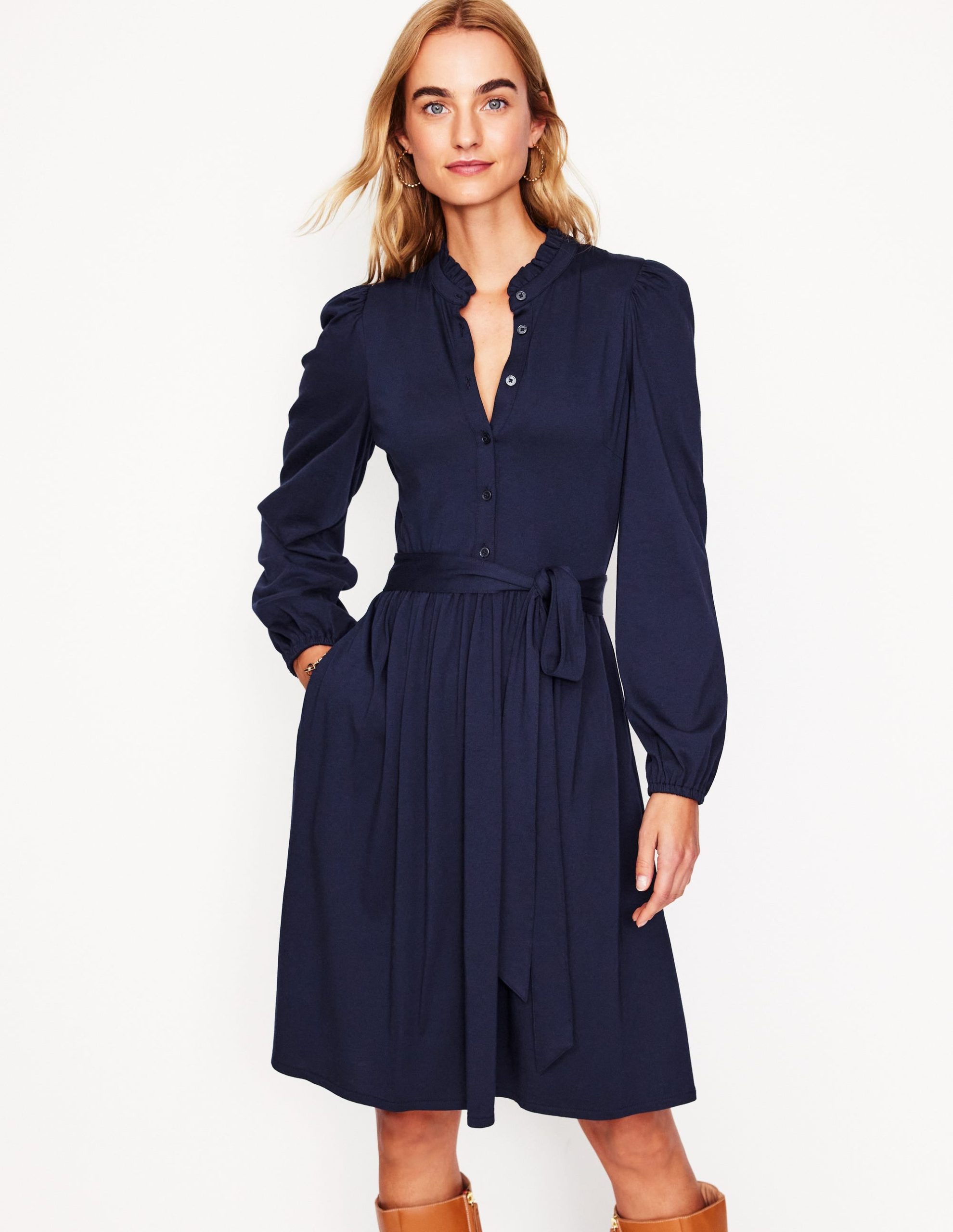 Willow Frill Short Shirt Dress-Navy - Image 4