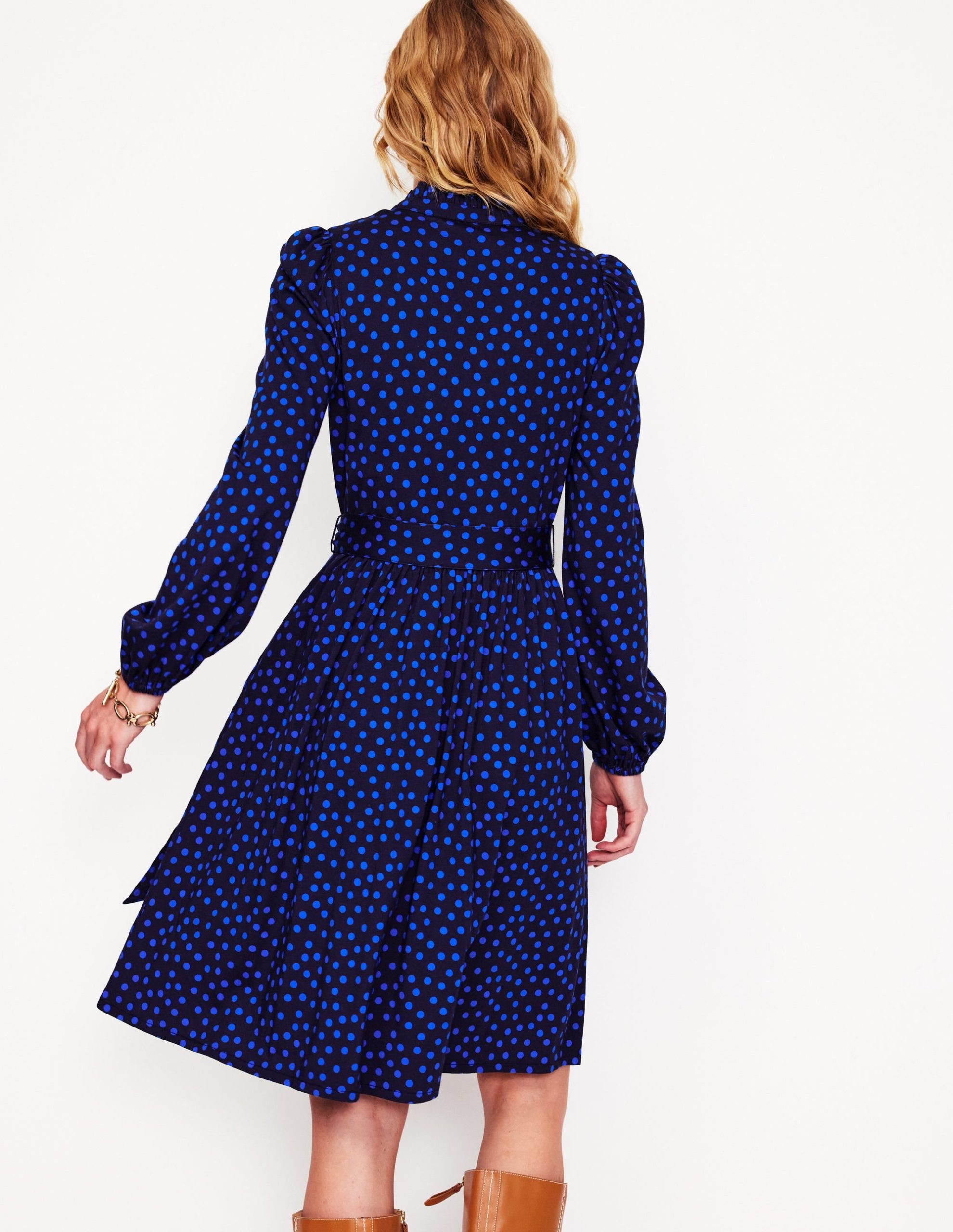 Willow Frill Short Shirt Dress-French Navy. Abstract Dot - Image 3