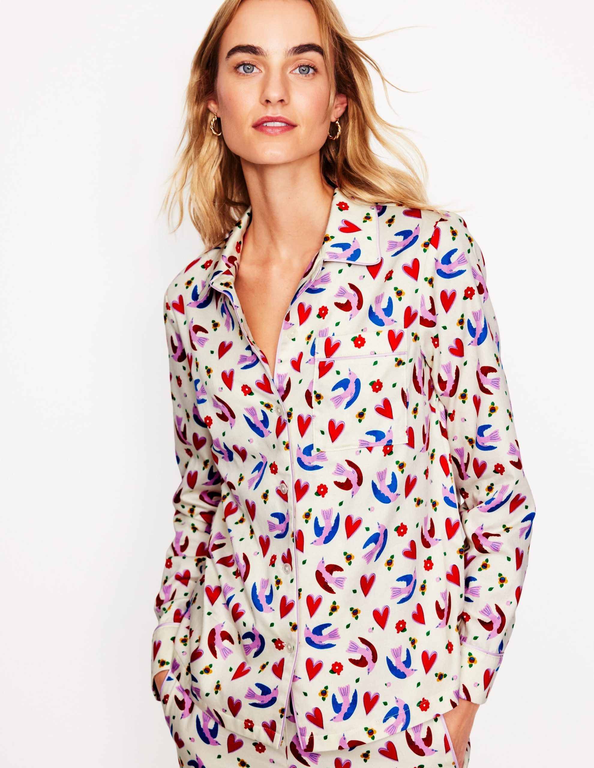 Cotton Sateen Pajama Shirt-Ivory. Heart Flutter