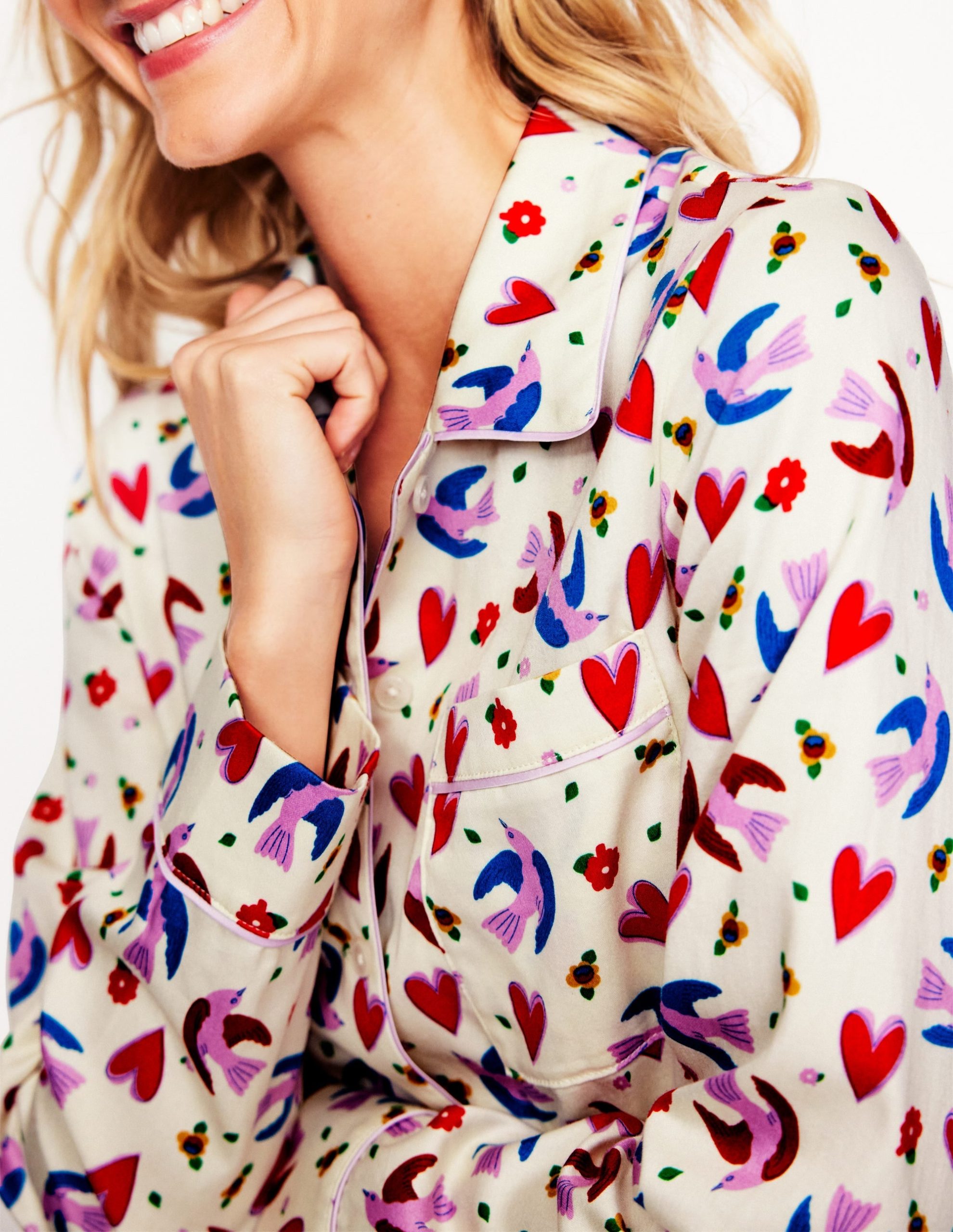 Cotton Sateen Pajama Shirt-Ivory. Heart Flutter - Image 2