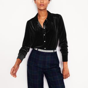 Jewel Button Velvet Shirt-Black