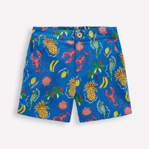 Cotton Linen Shorts-Bright Blue Tropical Tile