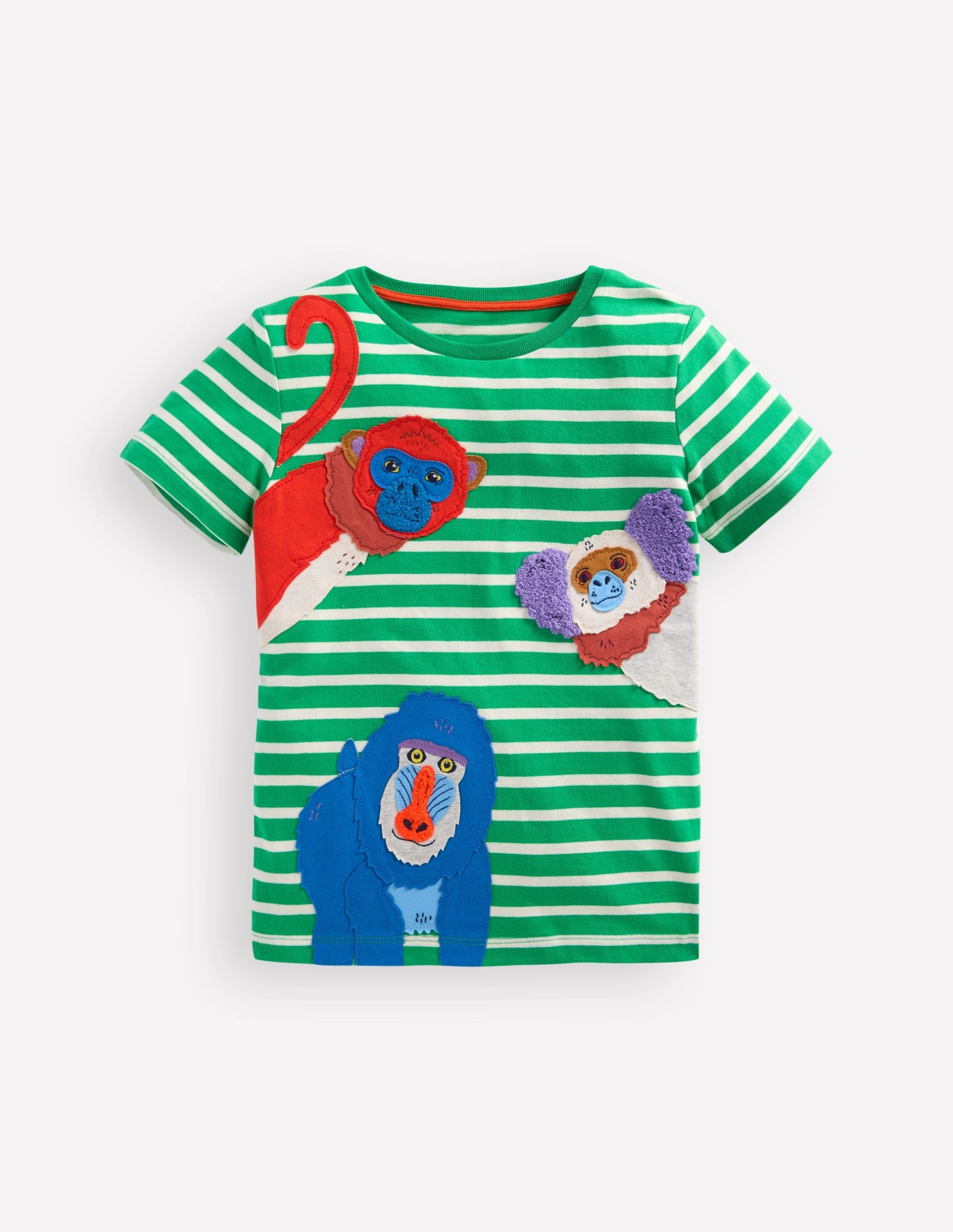 Short Sleeve Appliqu?? T-shirt-Bright Green Striped Monkeys