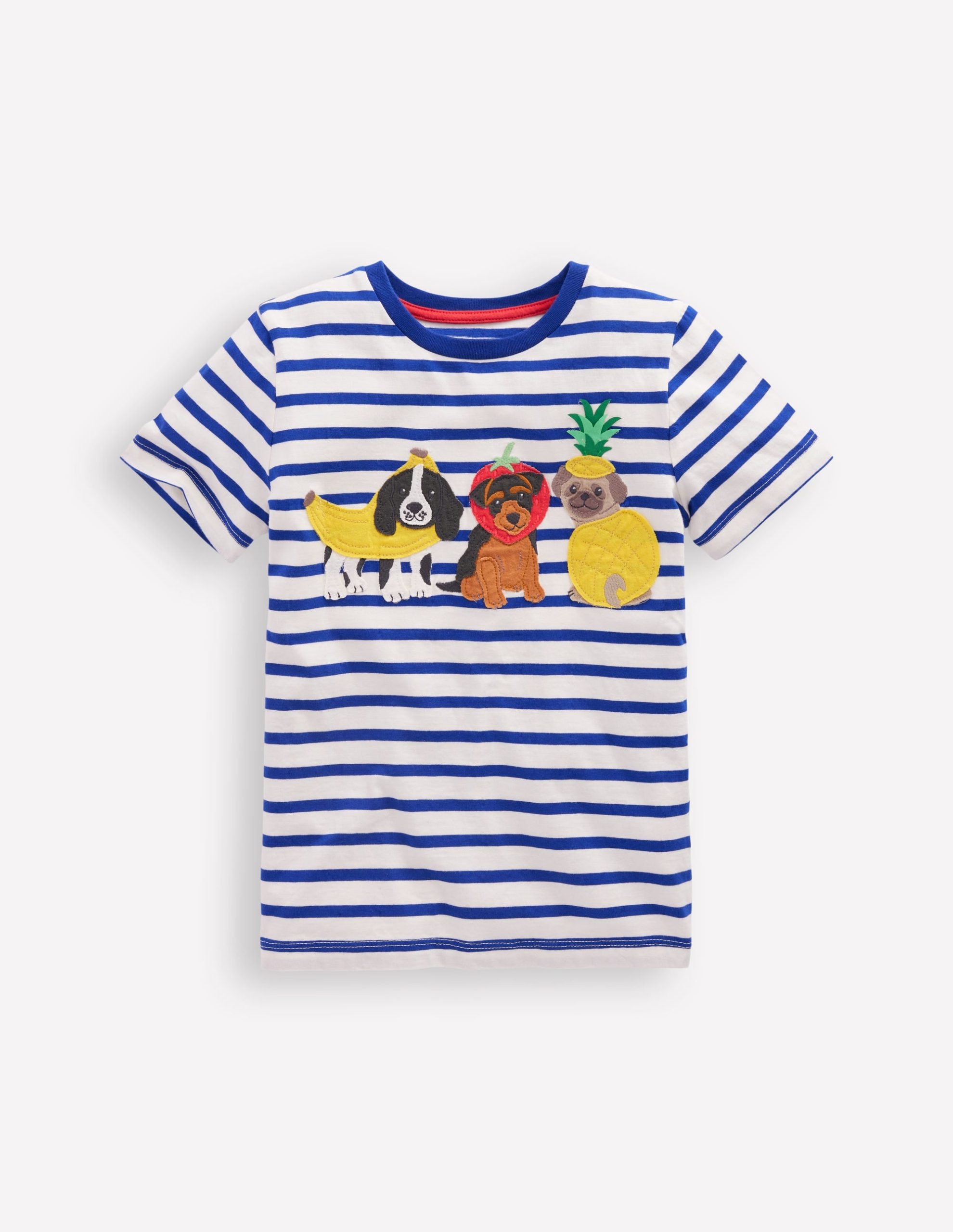 Short Sleeve Appliqu?? T-shirt-Bright Blue Stripe Fruit Dogs