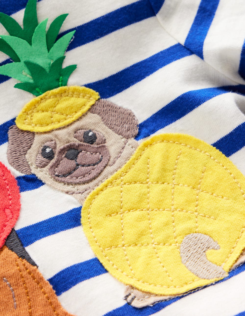 Short Sleeve Appliqu?? T-shirt-Bright Blue Stripe Fruit Dogs - Image 3