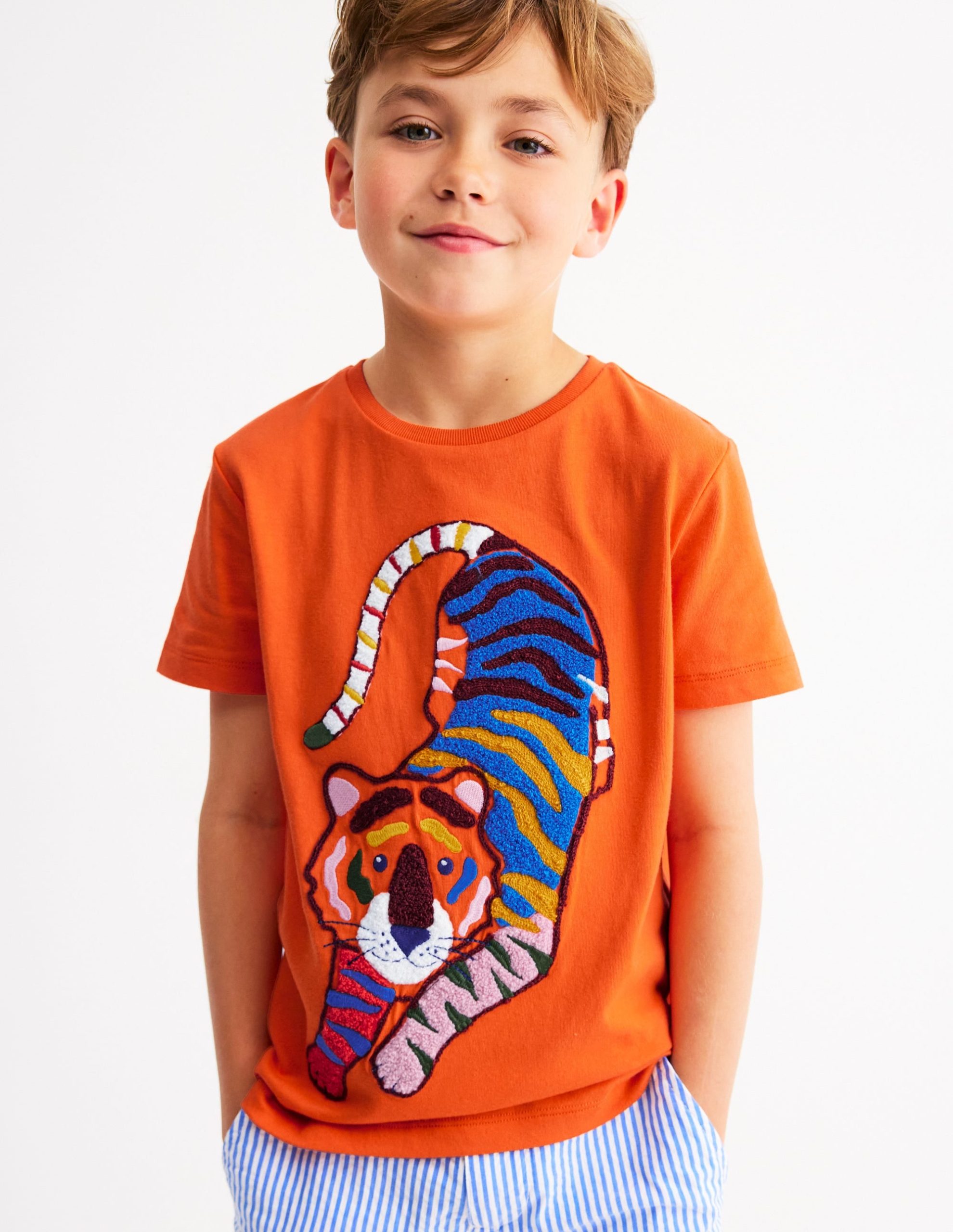 Chain Stitch T-Shirt-Hot Coral tiger