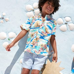 Cotton Linen Shirt-Multi Coastal Scene