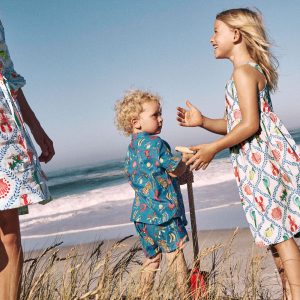 Cotton Linen Shirt-Bright Blue Tropical Print