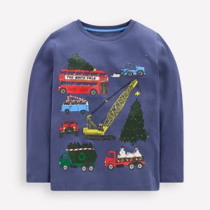 Long Sleeve Printed T-shirt-Christmas Vehicles