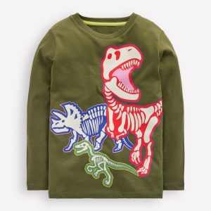 Long Sleeve Glow T-shirt-Winter Moss Dino Skeletons