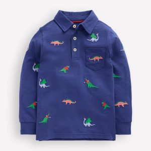 Embroidered Slub Polo Shirt-Starboard Blue Dino
