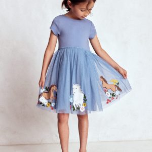 Ami Applique Tulle Dress-Pale Blue Horses