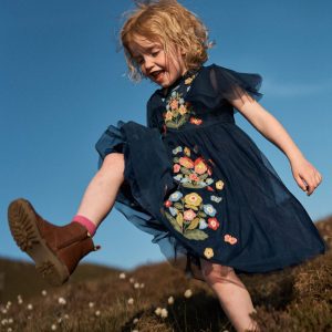 Embroidered Tulle Dress-College Navy