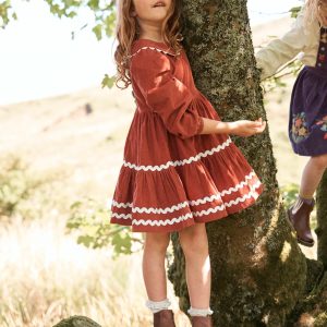 Cord Ric Rac Trim Dress-Roasted Chestnut Brown