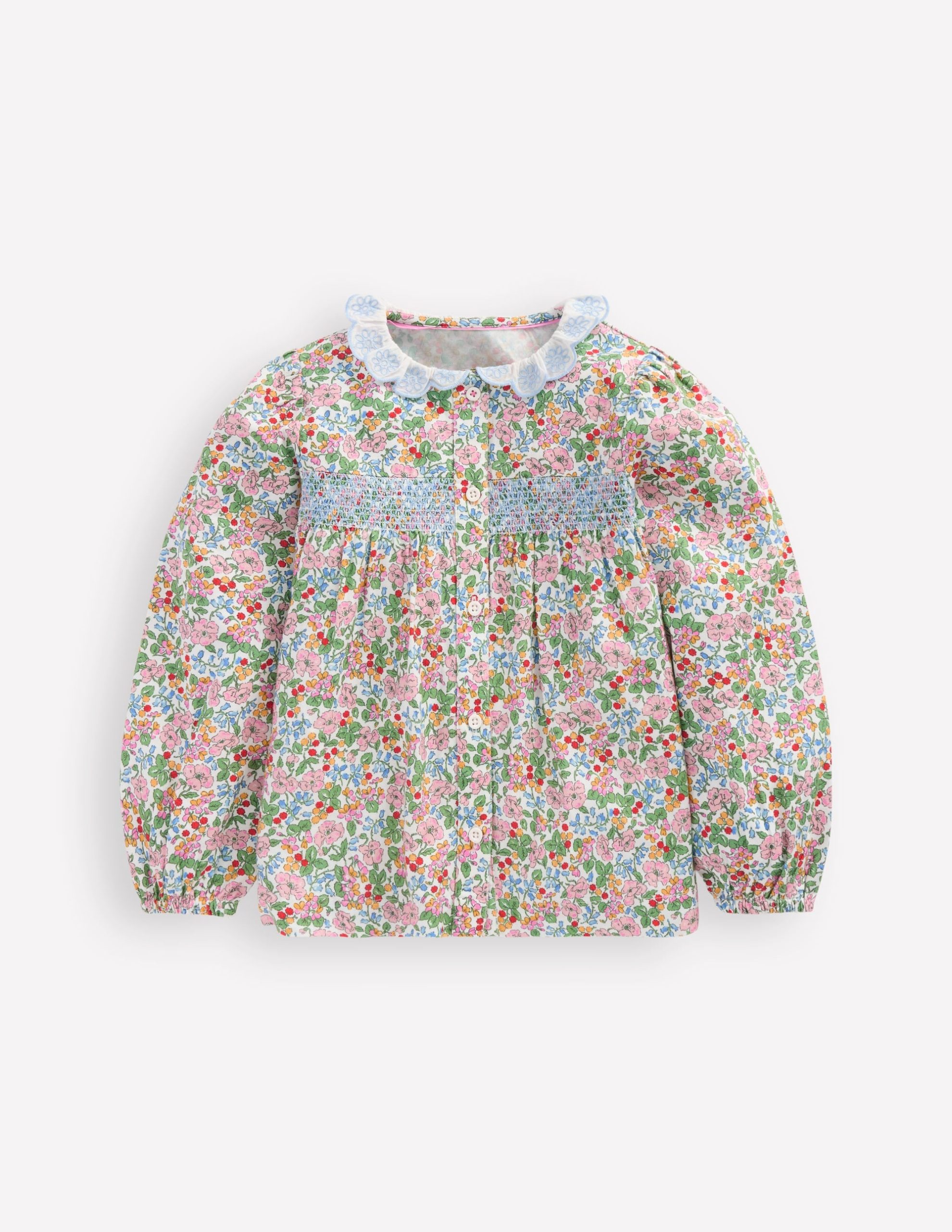 Scalloped Collar Smocked Shirt-Soft Ivory Berry Floral