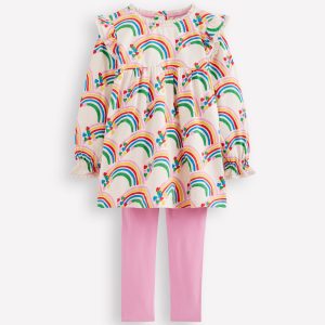 Printed Tunic Set-Oatmeal Marl Rainbow Hearts