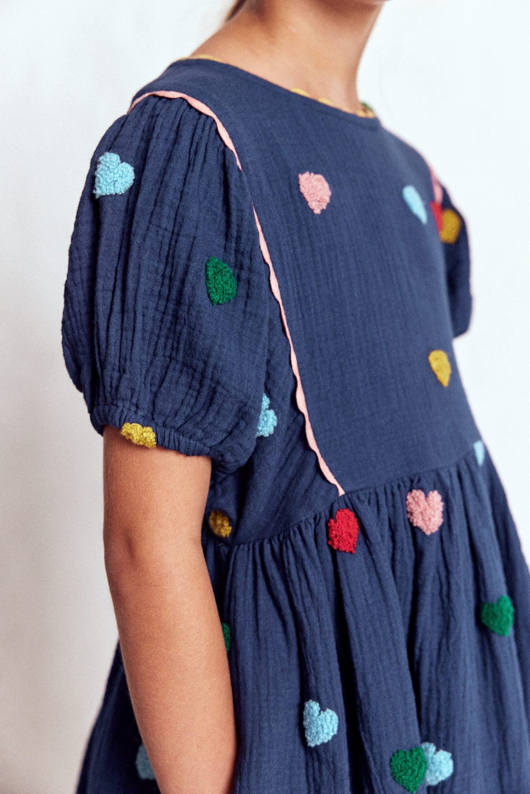 Puff Sleeve Double Cloth Dress-Starboard Blue Hearts - Image 3