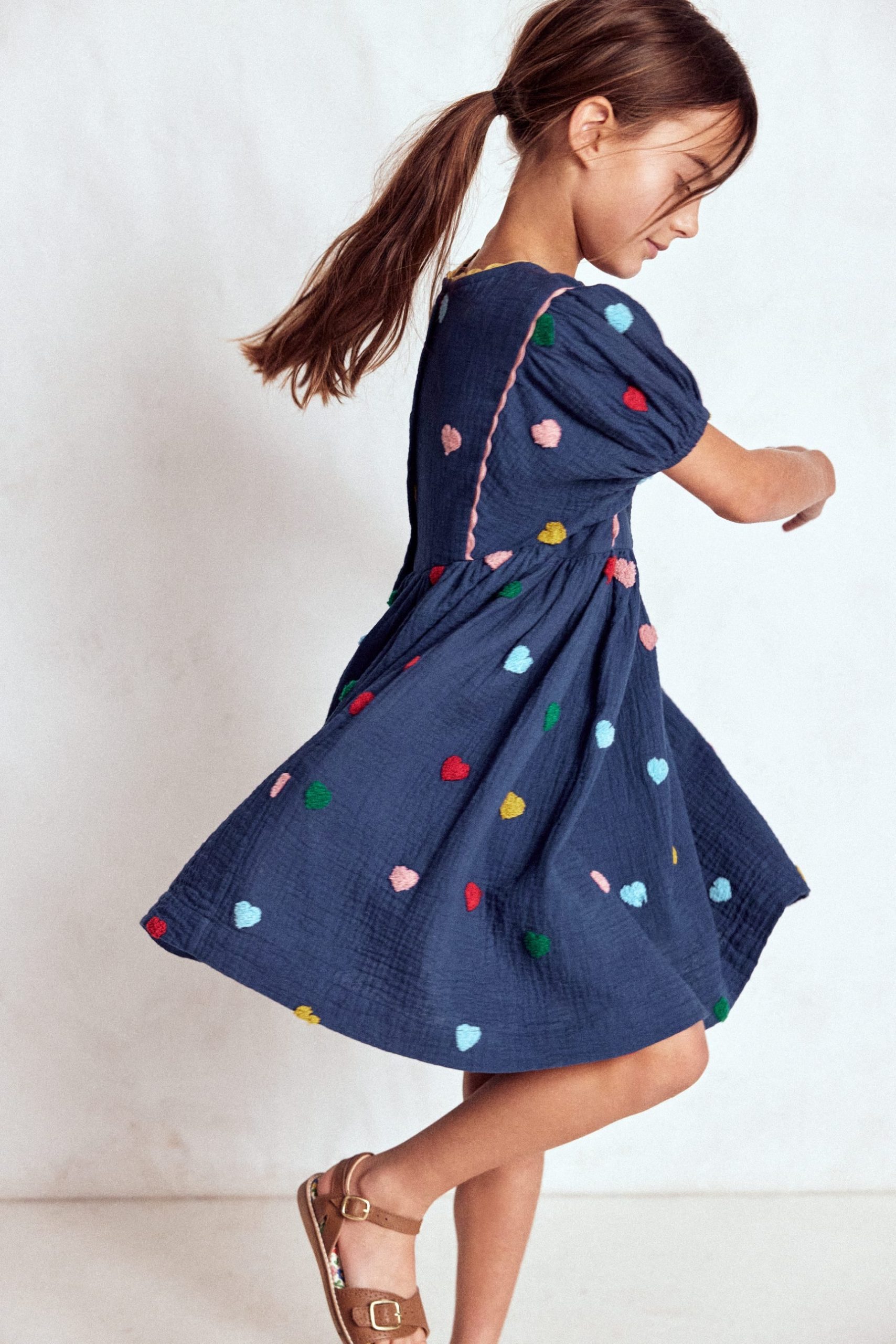 Puff Sleeve Double Cloth Dress-Starboard Blue Hearts - Image 4