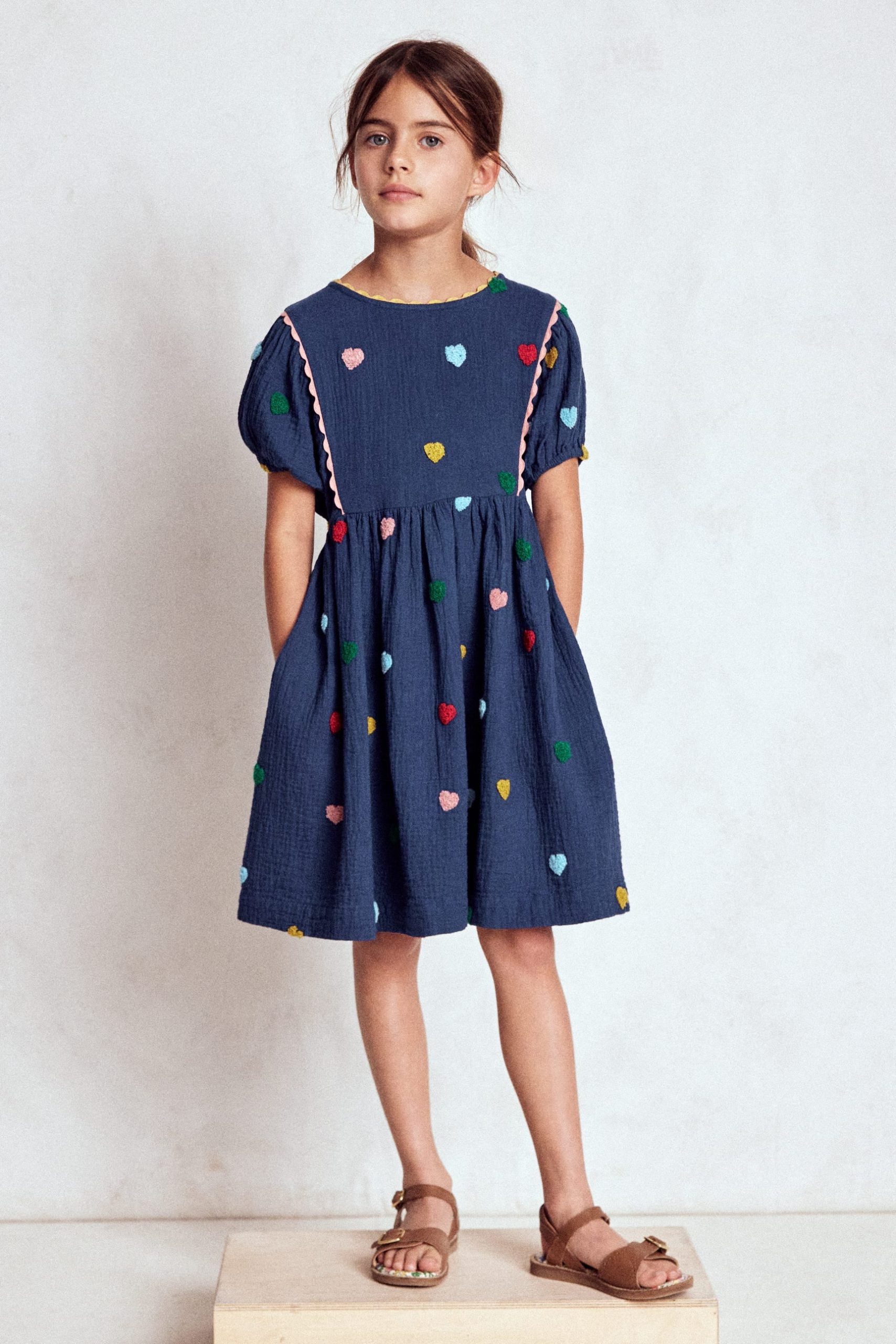 Puff Sleeve Double Cloth Dress-Starboard Blue Hearts - Image 6