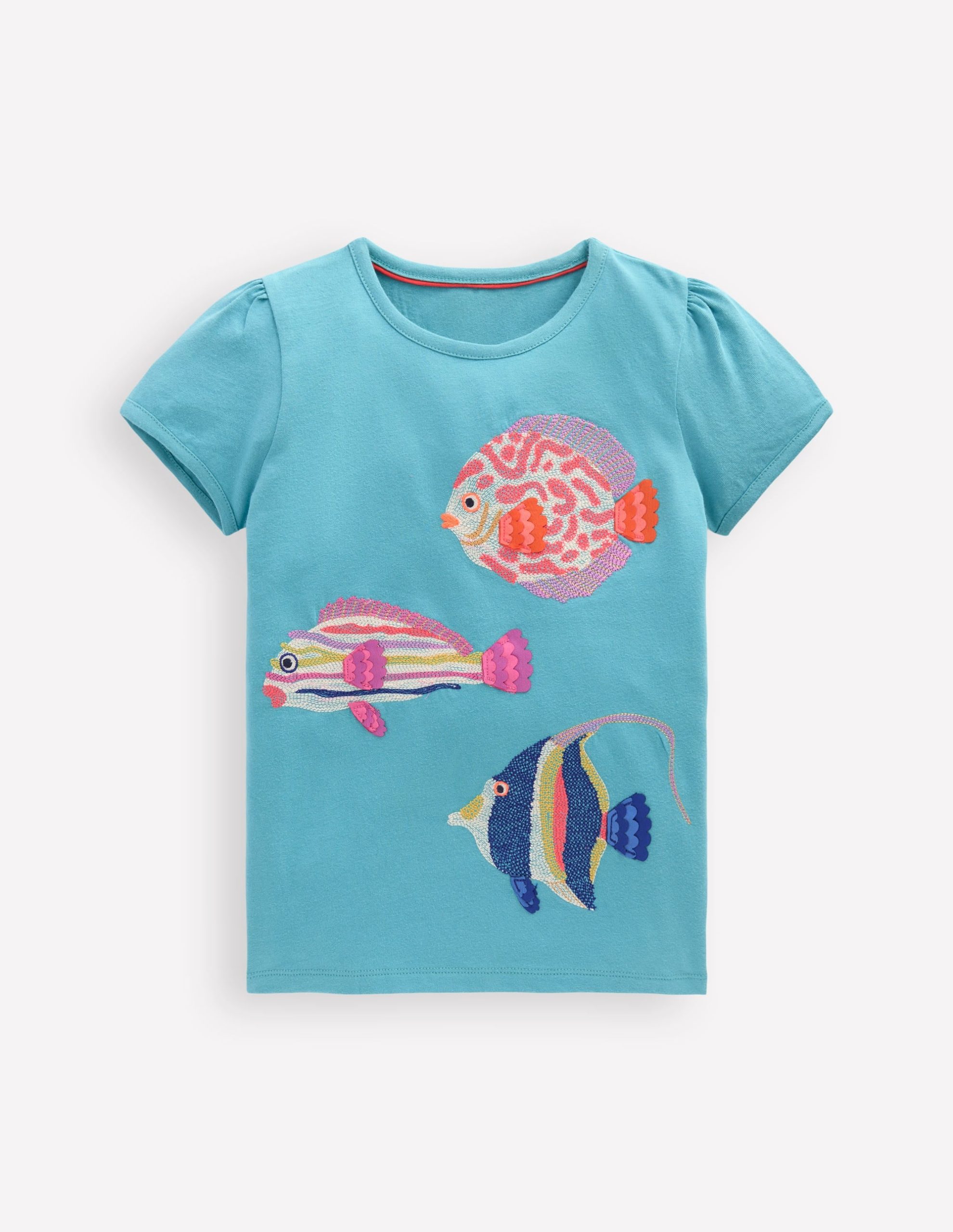 Puff Sleeve Superstitch Top-Aqua Sea Blue Fish - Image 4