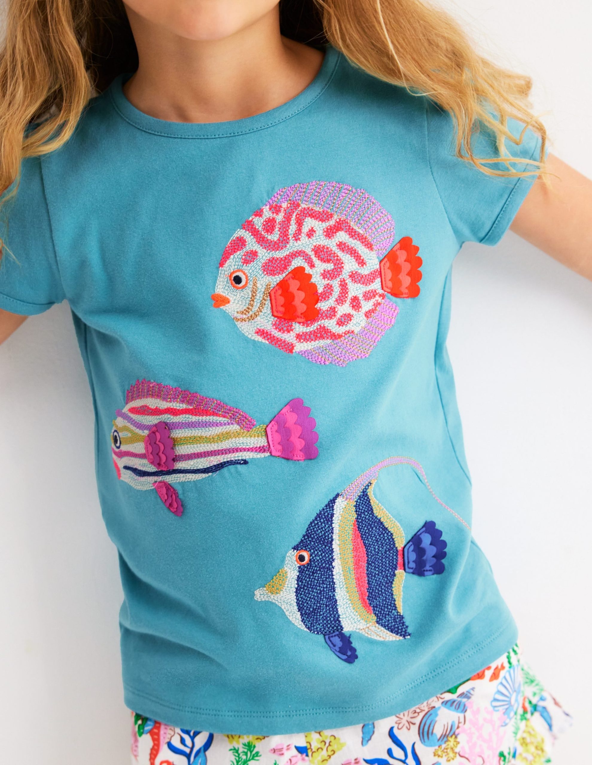 Puff Sleeve Superstitch Top-Aqua Sea Blue Fish - Image 3