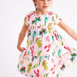 Ariel Twirly Jersey Dress-Chalk Pink Tropical Print