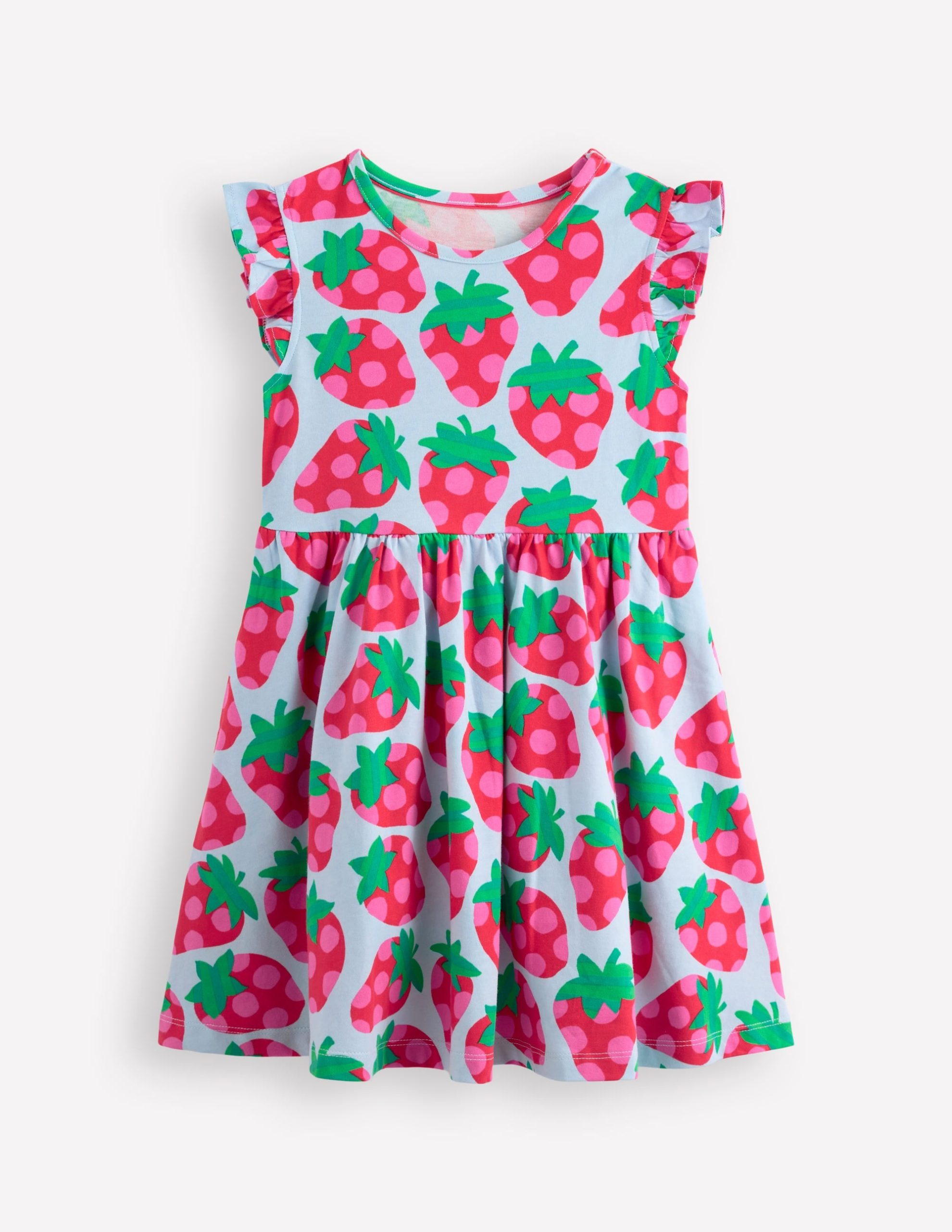Posie Frill Sleeve Dress-Misty Blue Spotty Strawberry