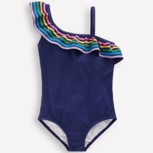 Lila One Shoulder Swimsuit-College Navy Ric Rac