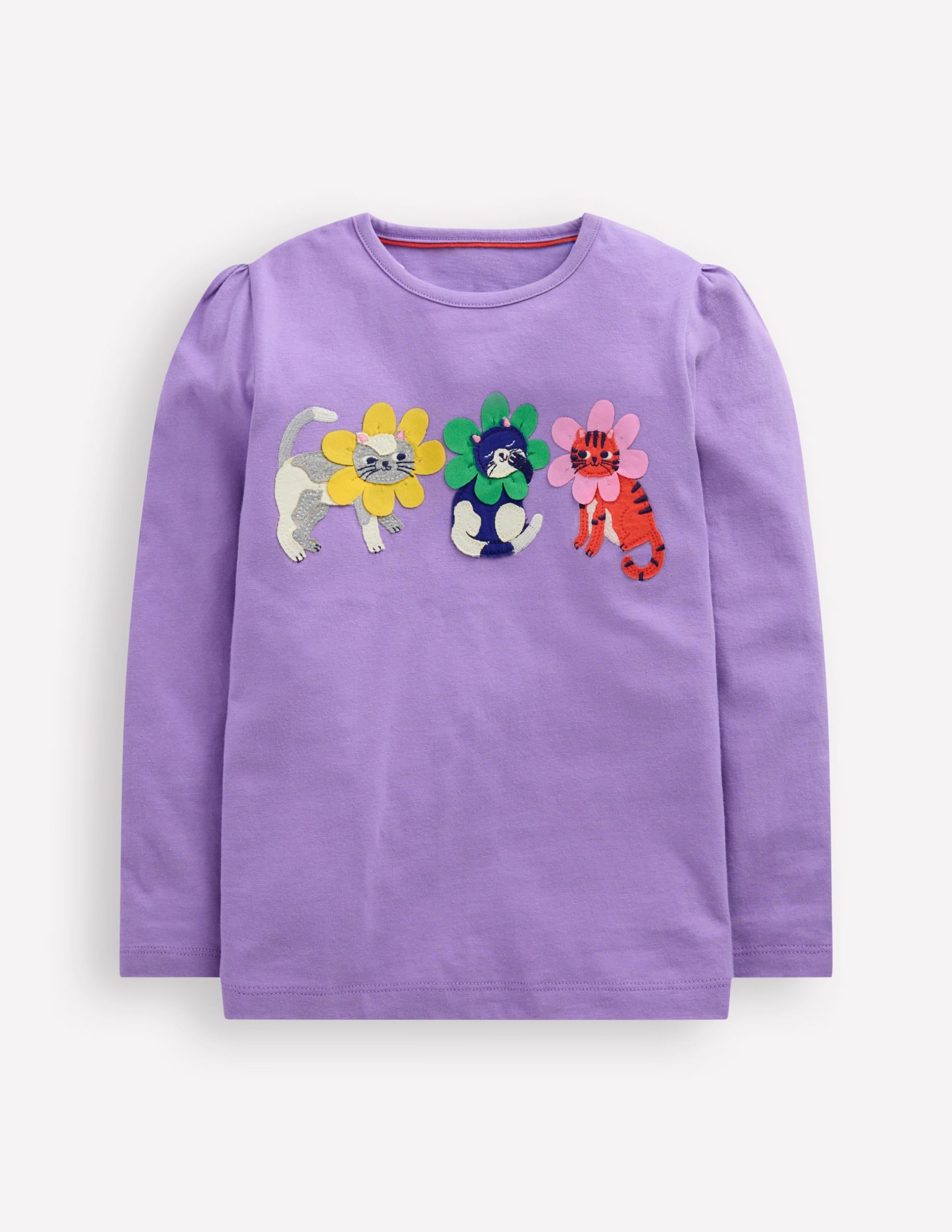 Puff Sleeve Applique T-shirt-Aster Purple Flower Cats - Image 3