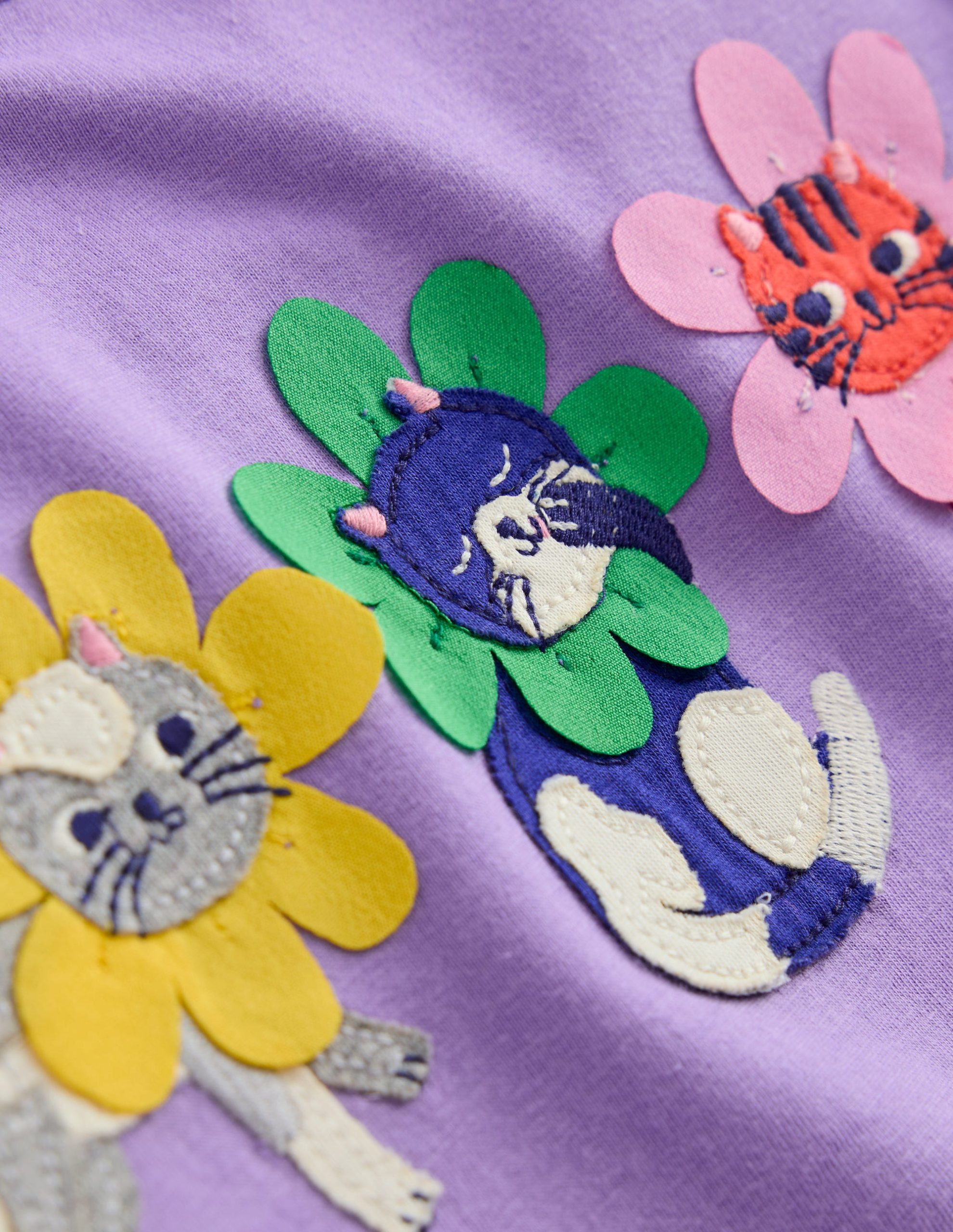 Puff Sleeve Applique T-shirt-Aster Purple Flower Cats - Image 5