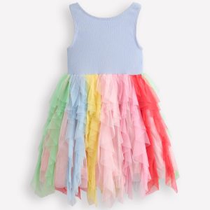 Jersey Tulle Mix Dress-Misty Blue Rainbow