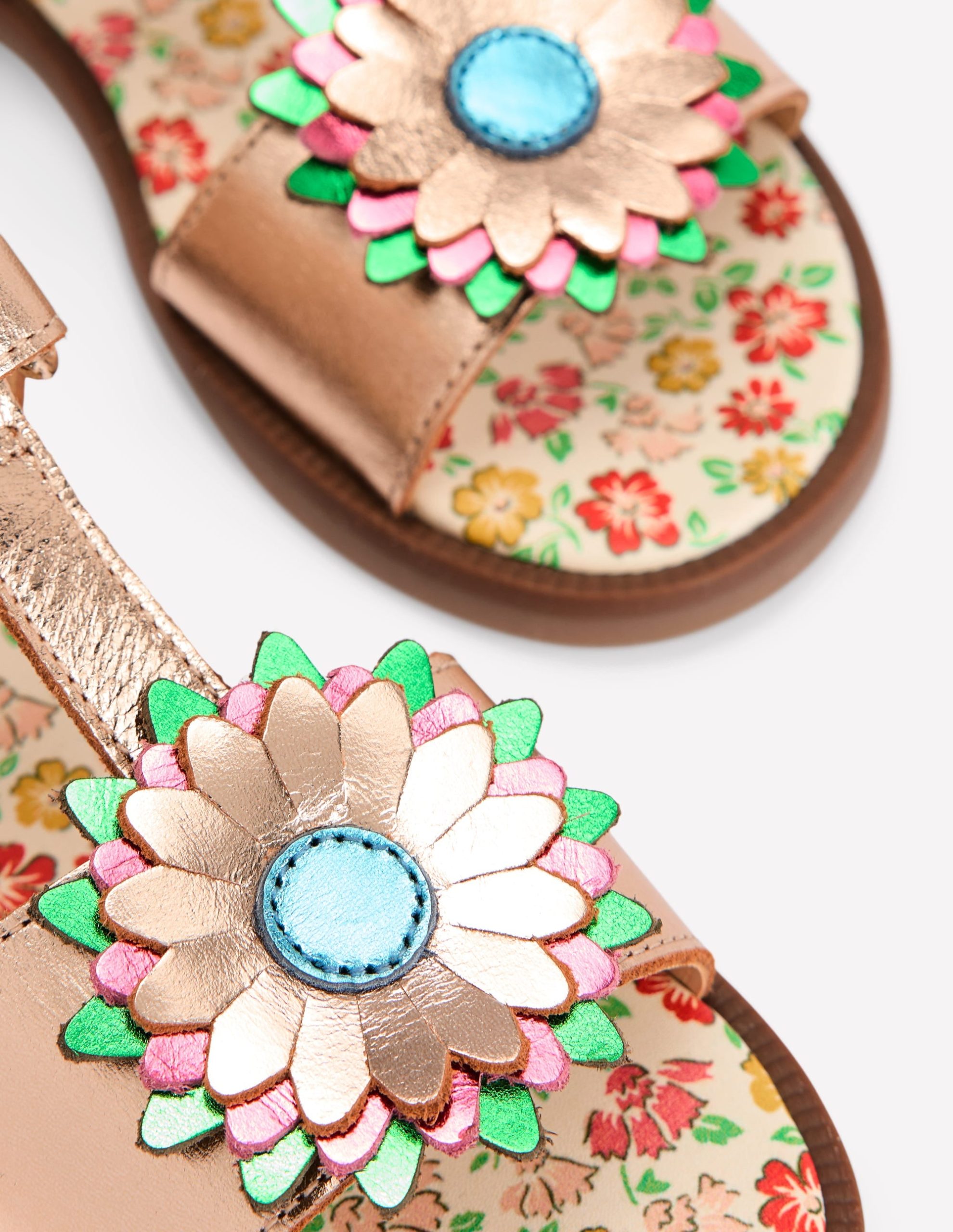 Fun Leather Sandals-Gold Metallic Flower - Image 3