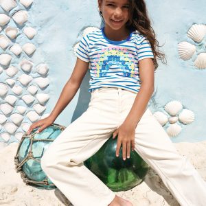 Short Sleeve Appliqu?? T-shirt-Peacock Plume Blue/Soft Ivory