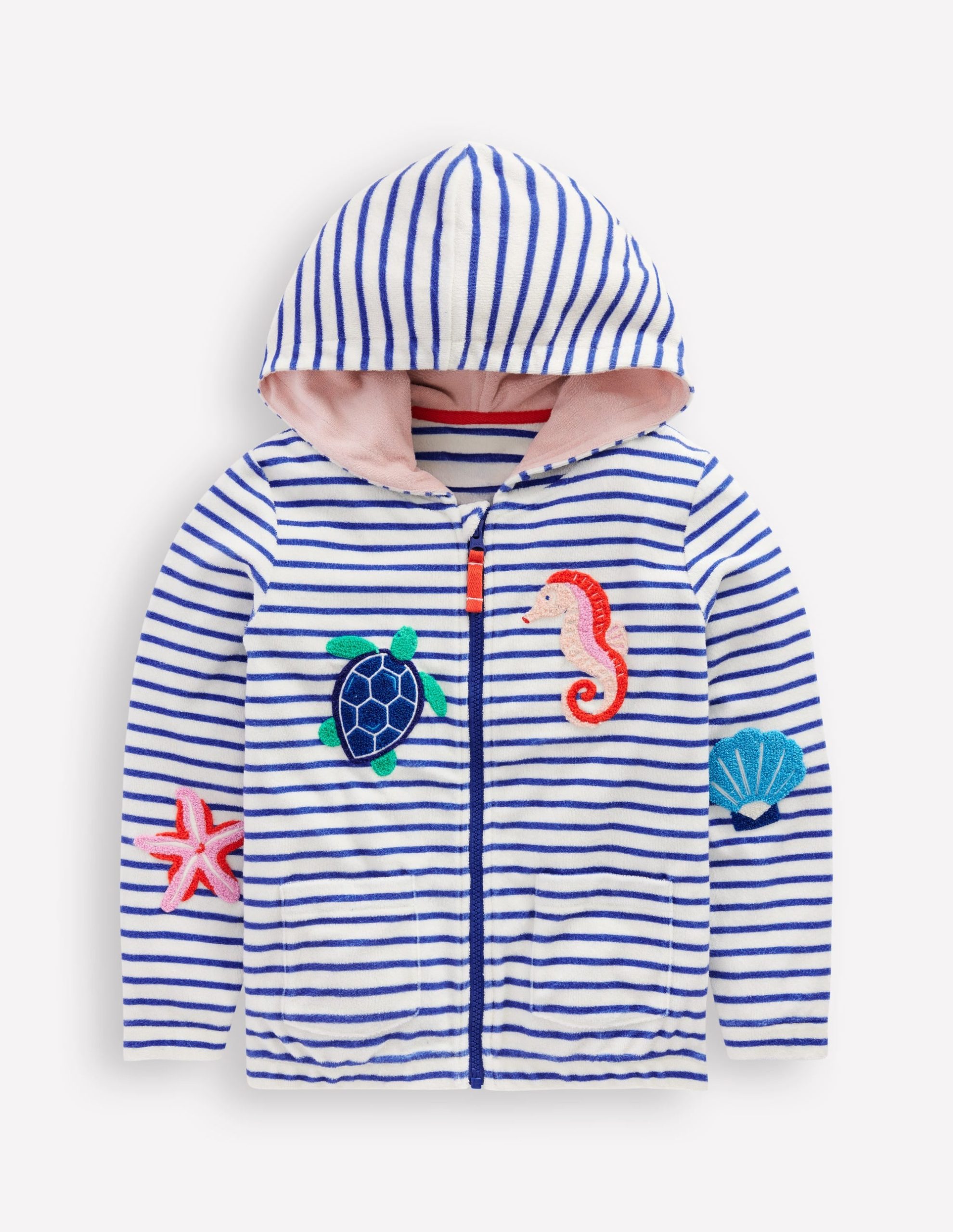 Zip-Through Towelling Hoodie-Ivory/Bright Blue Sea Stripe