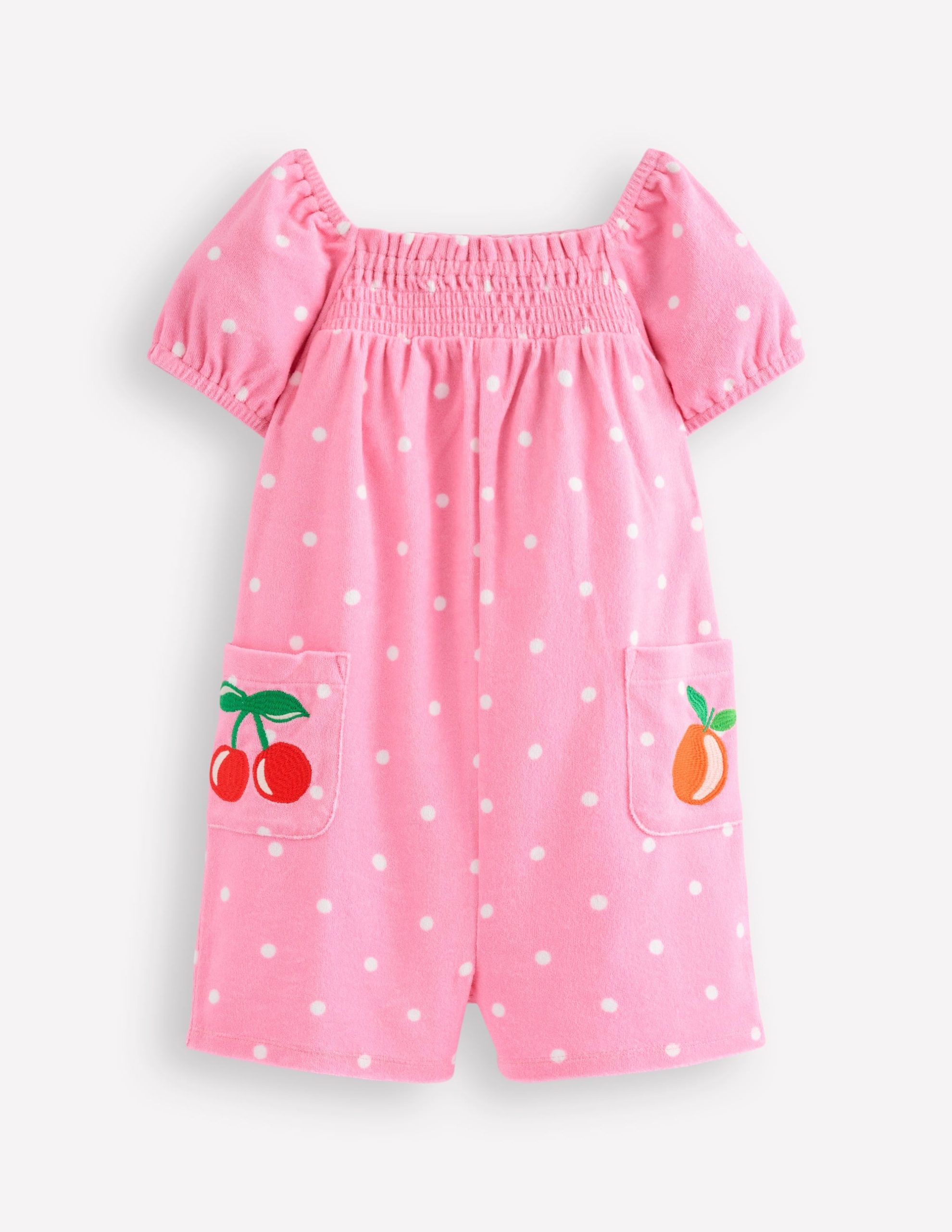 Towelling Playsuit-Pink Embroidered Fruit - Image 2