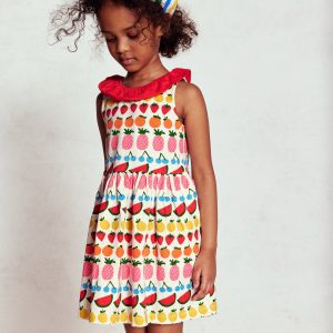 Ruffle Neck Jersey Dress-Ivory Fruit Stripe