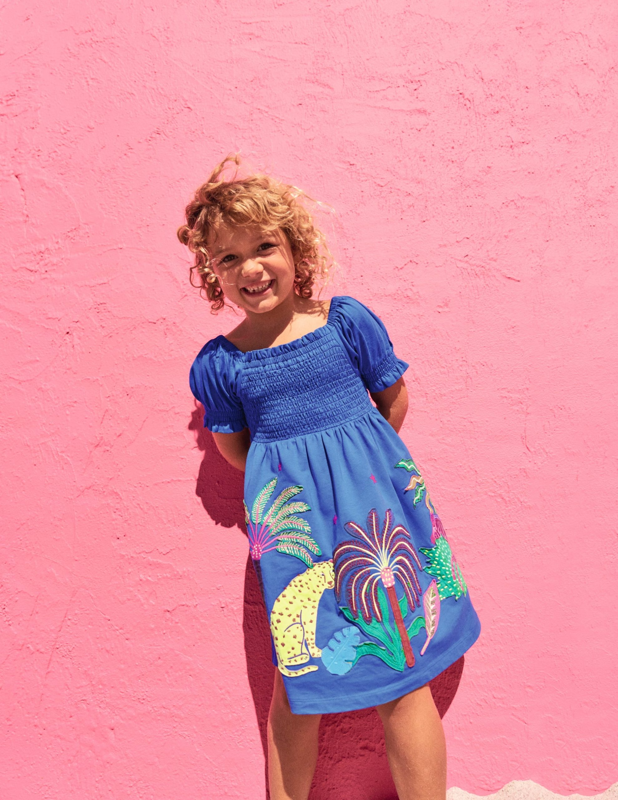 Clare Shirred Appliqu?? Dress-Blue Safari Animals