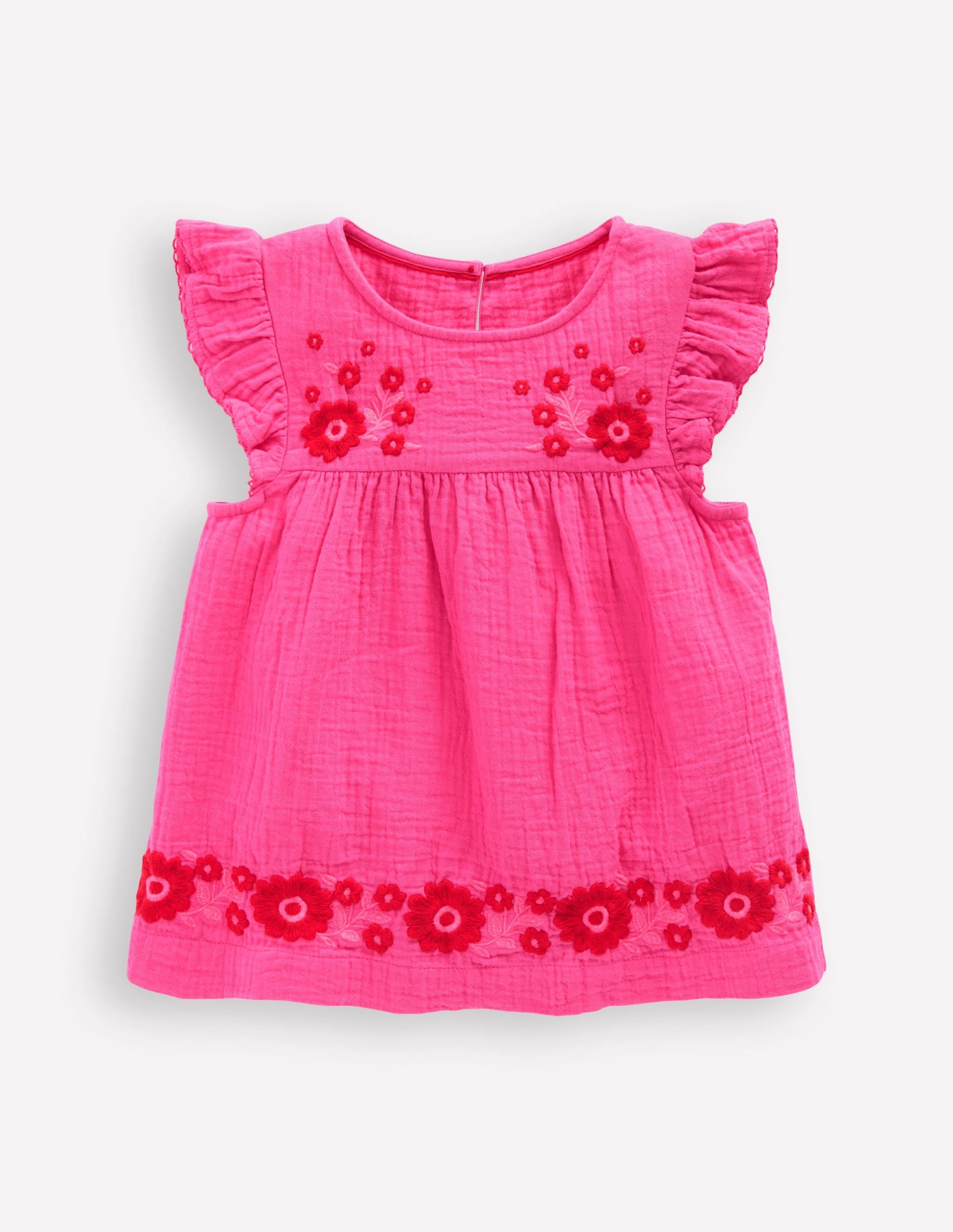 Double Cloth Frill Sleeve Top-Sorbet Pink Embroidered