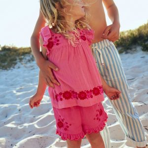 Double Cloth Frill Hem Shorts-Sorbet Pink Embroidered