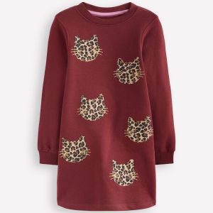 Ida Sweatshirt Appliqu?? Dress-Chestnut Cat Faces