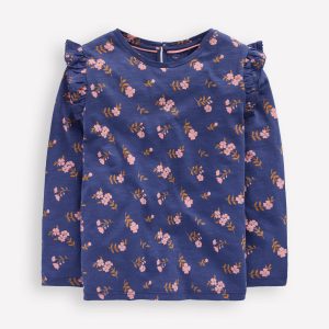 Frill Sleeve Slub Top-Starboard Blue Floral