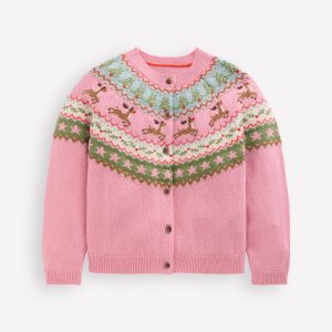 Edie Fair Isle Cardigan-Pink Marl Reindeer