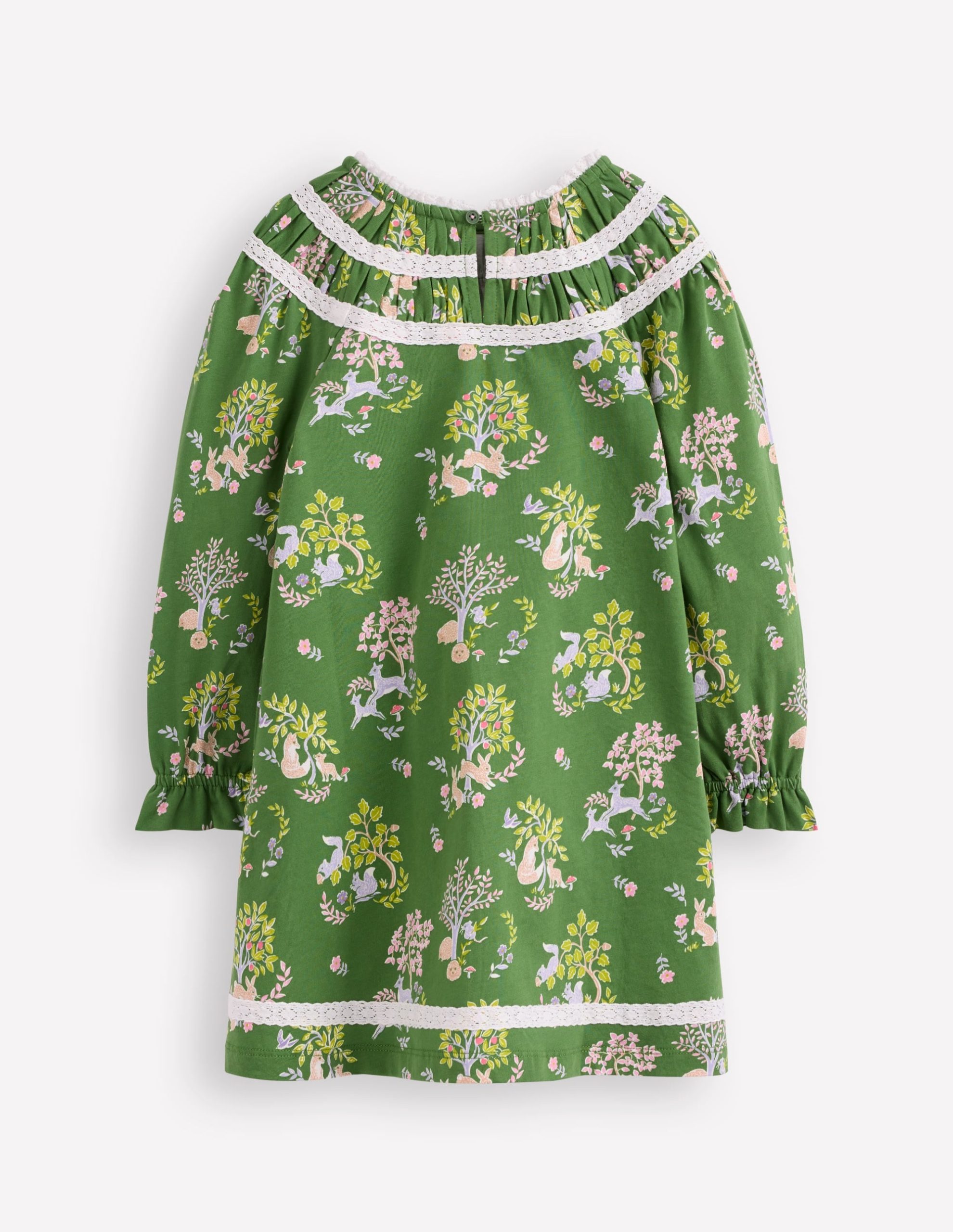 Pretty Lace Trim Jersey Dress-Green Woodland Floral - Image 2